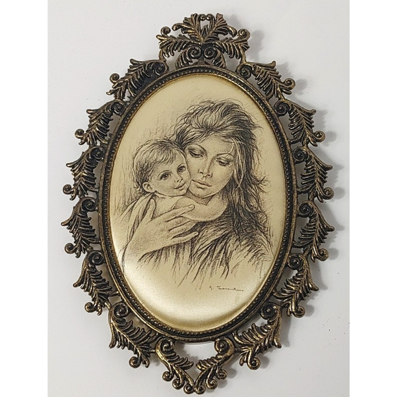 Vintage Giuseppe Tarantino Mother Child Silk Serigraph Italy Ornate Brass Frame - Picture 1 of 6
